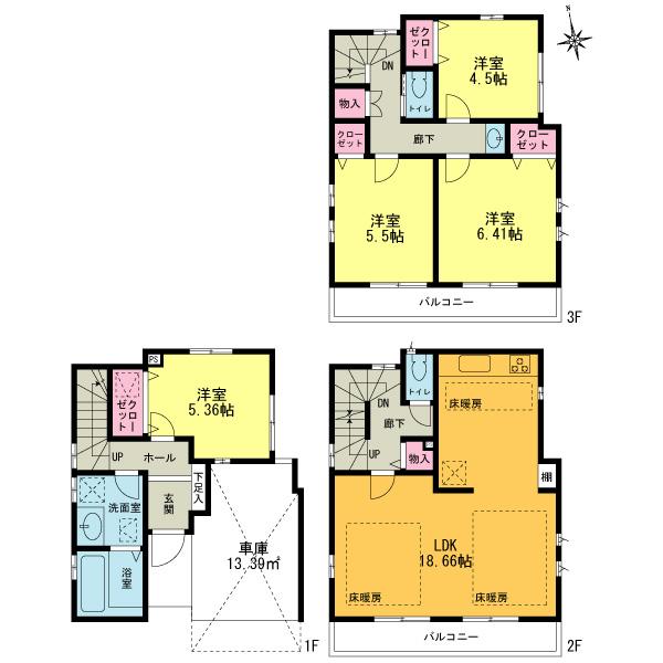 Floor plan. (1 Building), Price 37,800,000 yen, 4LDK, Land area 58.73 sq m , Building area 113.84 sq m