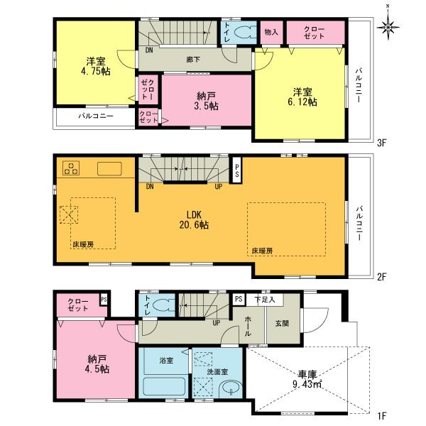 Floor plan. (3 Building), Price 34,800,000 yen, 2LDK+2S, Land area 62.2 sq m , Building area 108.5 sq m