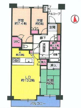 Floor plan. 3LDK, Price 45,900,000 yen, Occupied area 80.63 sq m , Balcony area 10.57 sq m