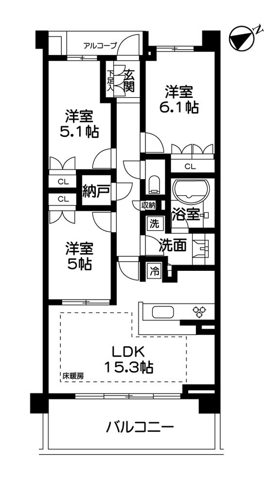 Floor plan. 3LDK, Price 33 million yen, Occupied area 73.01 sq m , Balcony area 11.4 sq m