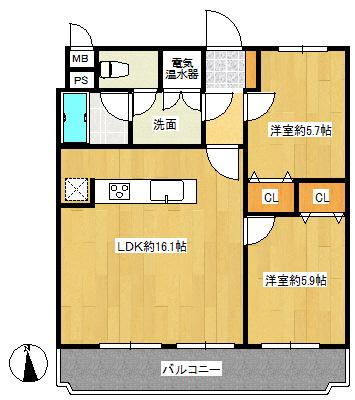 Floor plan. 2LDK, Price 24,900,000 yen, Footprint 57.6 sq m , Balcony area 10.01 sq m south-facing sunny apartment.