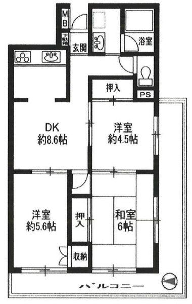 Floor plan. 3DK, Price 24,800,000 yen, Occupied area 57.59 sq m , Balcony area 16.62 sq m