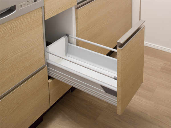 Kitchen.  [Drawer with Bull motion function] Damper acts just before close, Adopt a bull motion function to prevent the unpleasant sound.