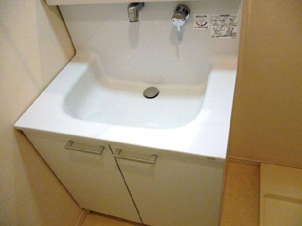 Wash basin, toilet. Vanity of simple design