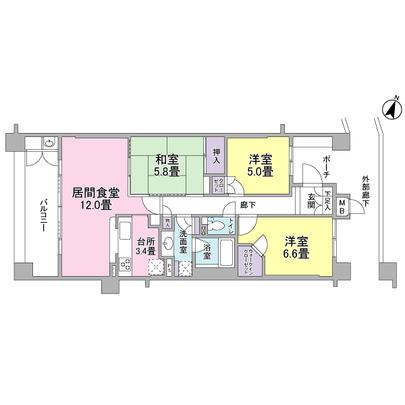 Floor plan.  [Floor plan] 6 times part southwestward per day view good! Floor heating in LD, 1418 Sai