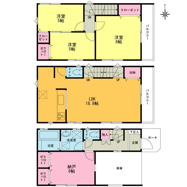 Floor plan. 36,800,000 yen, 3LDK + S (storeroom), Land area 67 sq m , Balcony There are two places in the building area 114.51 sq m wide type of floor plan.