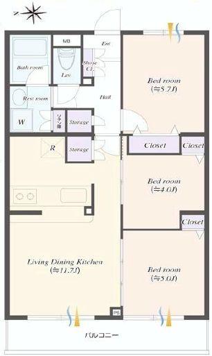 Floor plan. 3LDK, Price 27,900,000 yen, Occupied area 61.91 sq m , Balcony area 7.32 sq m