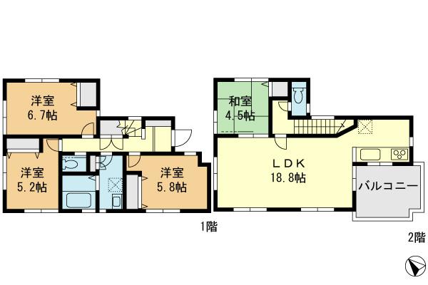 Floor plan. (Building 2), Price 53,958,000 yen, 4LDK, Land area 128.75 sq m , Building area 95.63 sq m