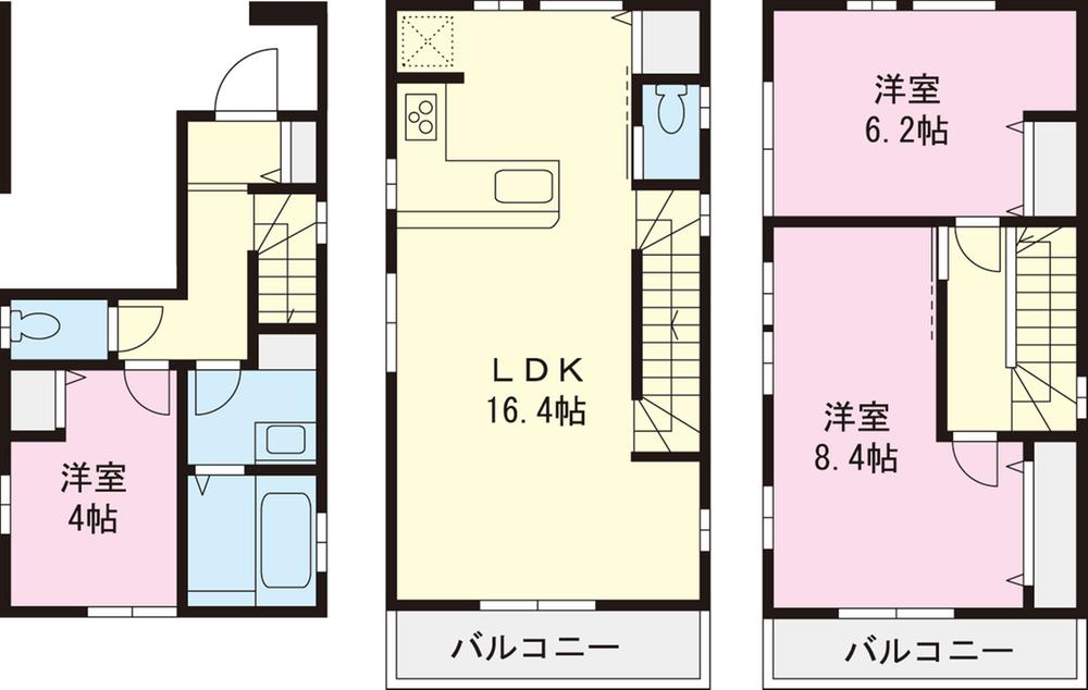 Floor plan. (3 Building), Price 33,300,000 yen, 3LDK, Land area 54.01 sq m , Building area 85.49 sq m