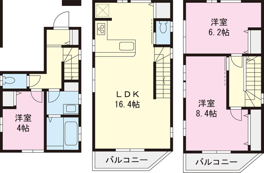 Floor plan. (Building 2), Price 33,300,000 yen, 3LDK, Land area 53.53 sq m , Building area 85.49 sq m