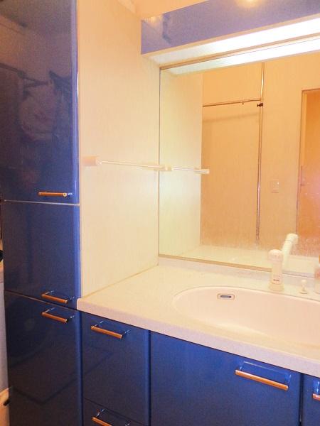 Wash basin, toilet. Vanity wide type. It is with a large storage shelf.