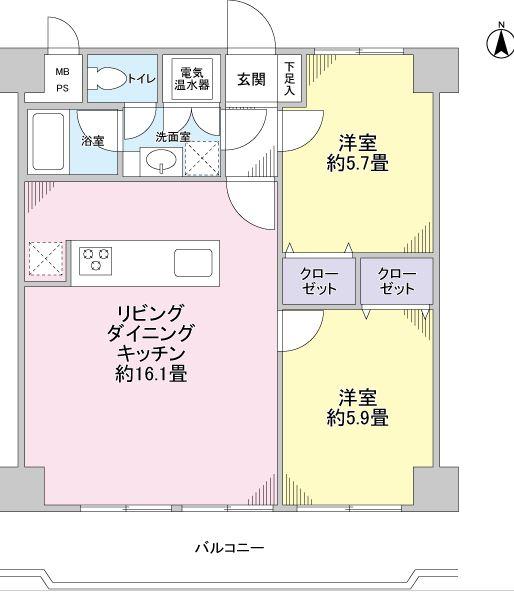 Floor plan. 2LDK, Price 24,900,000 yen, Footprint 57.6 sq m , Balcony area 10.01 sq m