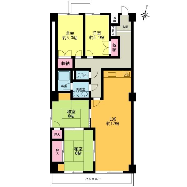Floor plan. 4LDK, Price 30,800,000 yen, Occupied area 90.73 sq m , Balcony area 6.9 sq m