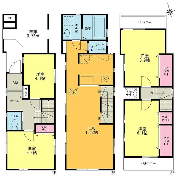 Floor plan. (1 Building), Price 34,800,000 yen, 4LDK, Land area 68.04 sq m , Building area 102.88 sq m