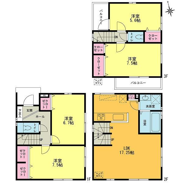 Floor plan. (3 Building), Price 34,800,000 yen, 4LDK, Land area 88.14 sq m , Building area 102.05 sq m