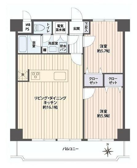 Floor plan. 2LDK, Price 24,900,000 yen, Footprint 57.6 sq m , Balcony area 10.01 sq m