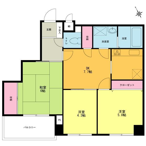 Floor plan. 3DK, Price 27.5 million yen, Occupied area 52.86 sq m , Balcony area 4.48 sq m