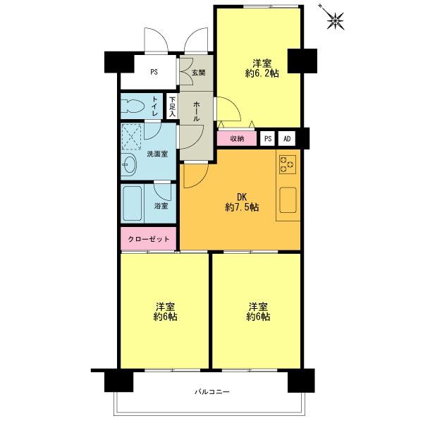 Floor plan. 3DK, Price 18,800,000 yen, Occupied area 58.17 sq m , Balcony area 7.44 sq m
