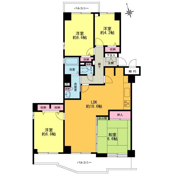 Floor plan. 4LDK, Price 26,800,000 yen, Occupied area 91.46 sq m , Balcony area 14.74 sq m