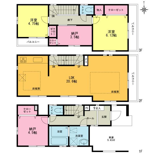 Floor plan. (3 Building), Price 34,800,000 yen, 4LDK, Land area 62.2 sq m , Building area 108.5 sq m