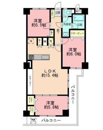 Floor plan. 3LDK, Price 28,900,000 yen, Occupied area 71.65 sq m , Balcony area 12.39 sq m southeast corner room!