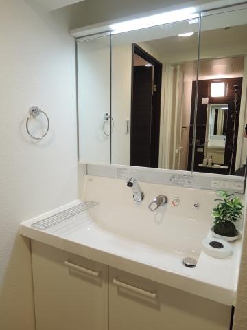 Wash basin, toilet. Three-sided mirror type