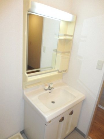 Washroom. Mirror is happy with storage washbasin