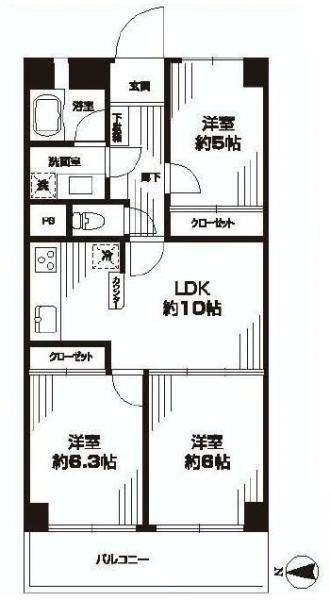 Floor plan. 3LDK, Price 20.8 million yen, Occupied area 61.28 sq m , Balcony area 7.84 sq m