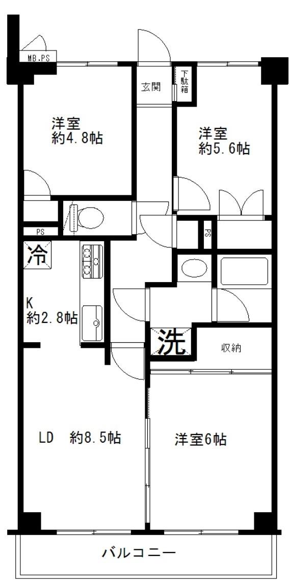 Floor plan. 3LDK, Price 21,800,000 yen, Footprint 62.7 sq m , Balcony area 6.27 sq m