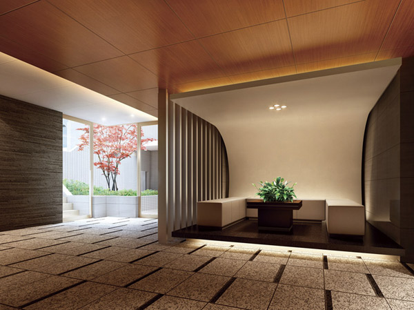 Features of the building.  [Entrance hall] Entrance Hall as a high-quality public space that is calm by the wall of the lamination glossy stone of silver-gray on the ceiling of the Sulfur butterfly, You hospitality the people who live. (Entrance Hall Rendering)