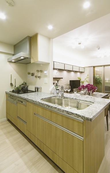 Kitchen natural granite counter in the kitchen. Prepare the equipment that has been friendly to the point where delicate, such as enamel steel kitchen panel. Dishwasher also standard equipment