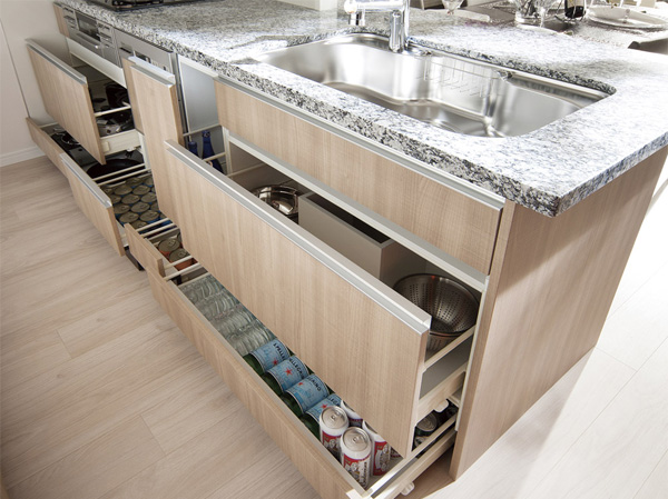 Kitchen.  [A variety of kitchen storage] With a lower receiving feet, Also it provides a kitchen knife feed to the sink cabinet. Consideration to usability, The storage space is efficiently system kitchens with. (Model Room F type)