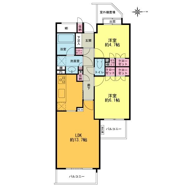 Floor plan. 2LDK, Price 23.8 million yen, Occupied area 57.14 sq m , Balcony area 7.45 sq m