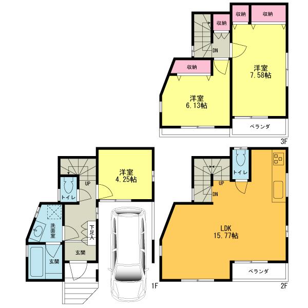 Floor plan. (1 Building), Price 33,500,000 yen, 3LDK, Land area 61.19 sq m , Building area 93.95 sq m