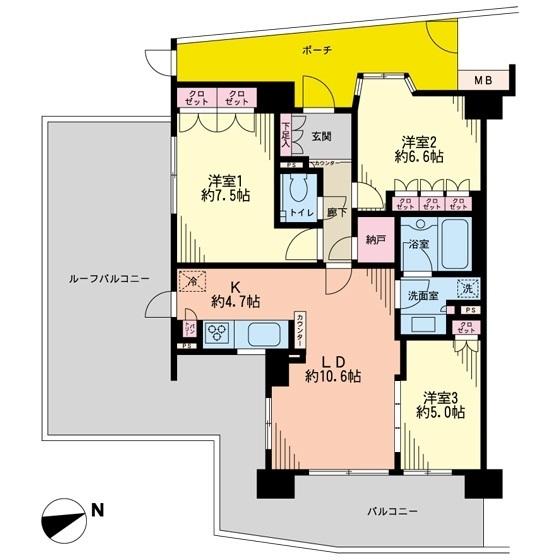 Floor plan. 3LDK + S (storeroom), Price 52,900,000 yen, Occupied area 77.31 sq m , Balcony area 13.45 sq m 3LDK + storeroom, Southeast corner dwelling unit