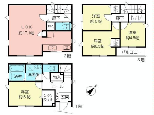 Floor plan. (3 Building), Price 36,800,000 yen, 4LDK, Land area 60.12 sq m , Building area 100.39 sq m