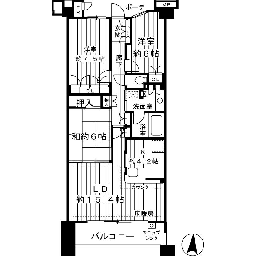 Floor plan. 3LDK, Price 66,800,000 yen, Occupied area 87.67 sq m , Balcony area 12.8 sq m All rooms 6 quires more spacious 3LDK