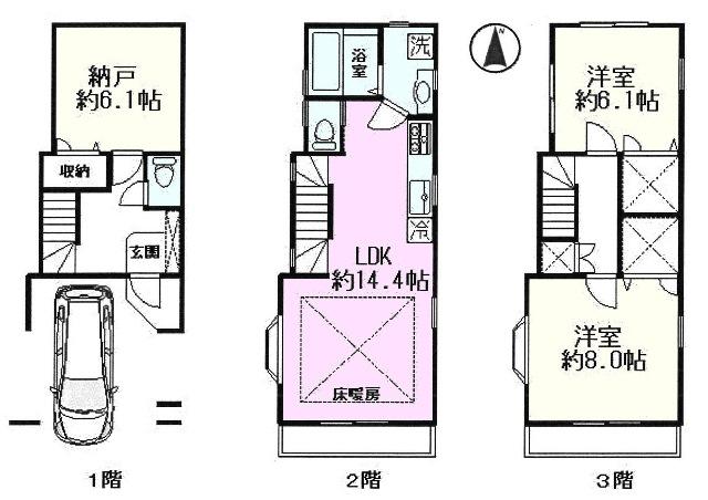 Floor plan. 42,500,000 yen, 3LDK, Land area 51.31 sq m , The building area 102.78 sq m 2 floor was to concentrate around water, Flow line good floor plan was able. The main bedroom of the third floor portion is located quires 8.0