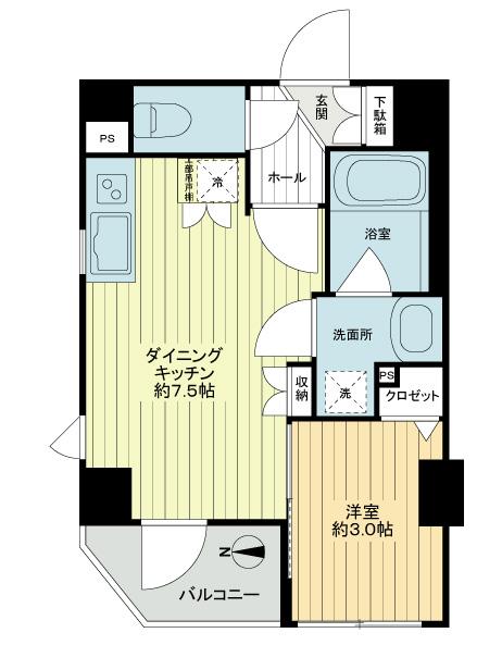 Floor plan. 1DK, Price 23.8 million yen, Occupied area 27.37 sq m , Balcony area 2.5 sq m floor plan