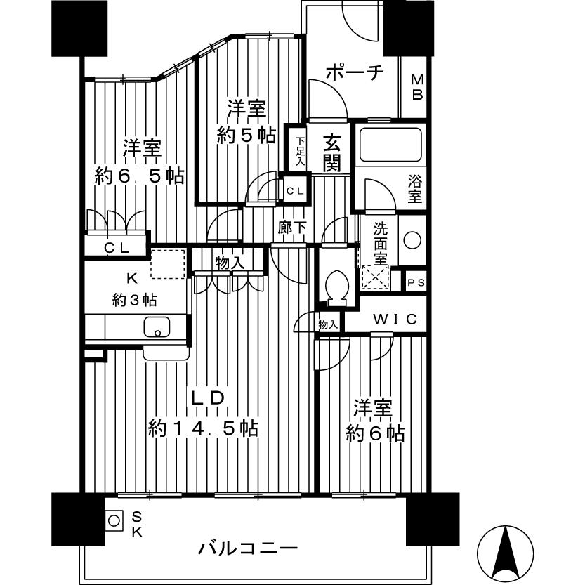 Floor plan. 3LDK, Price 52,500,000 yen, Footprint 74 sq m , Balcony area 15.45 sq m floor plan