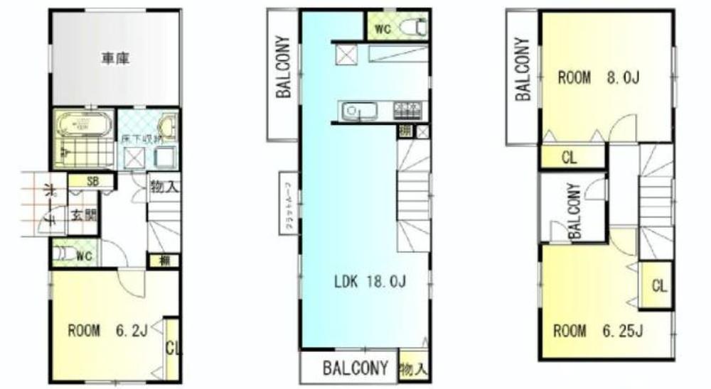 Floor plan. (Building 2), Price 48,500,000 yen, 3LDK, Land area 63.57 sq m , Building area 106.38 sq m