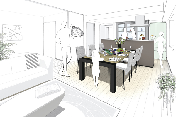 Interior.  [Fascinated with hide, Island Kitchen] It has extended open feeling lost in front of the wall of the stove  ※ A type living ・ dining ・ Kitchen Renderings illustrations (A ・ Ag ・ B1 ・ B1g ・ B2 ・ B2g ・ C ・ Cg type only)