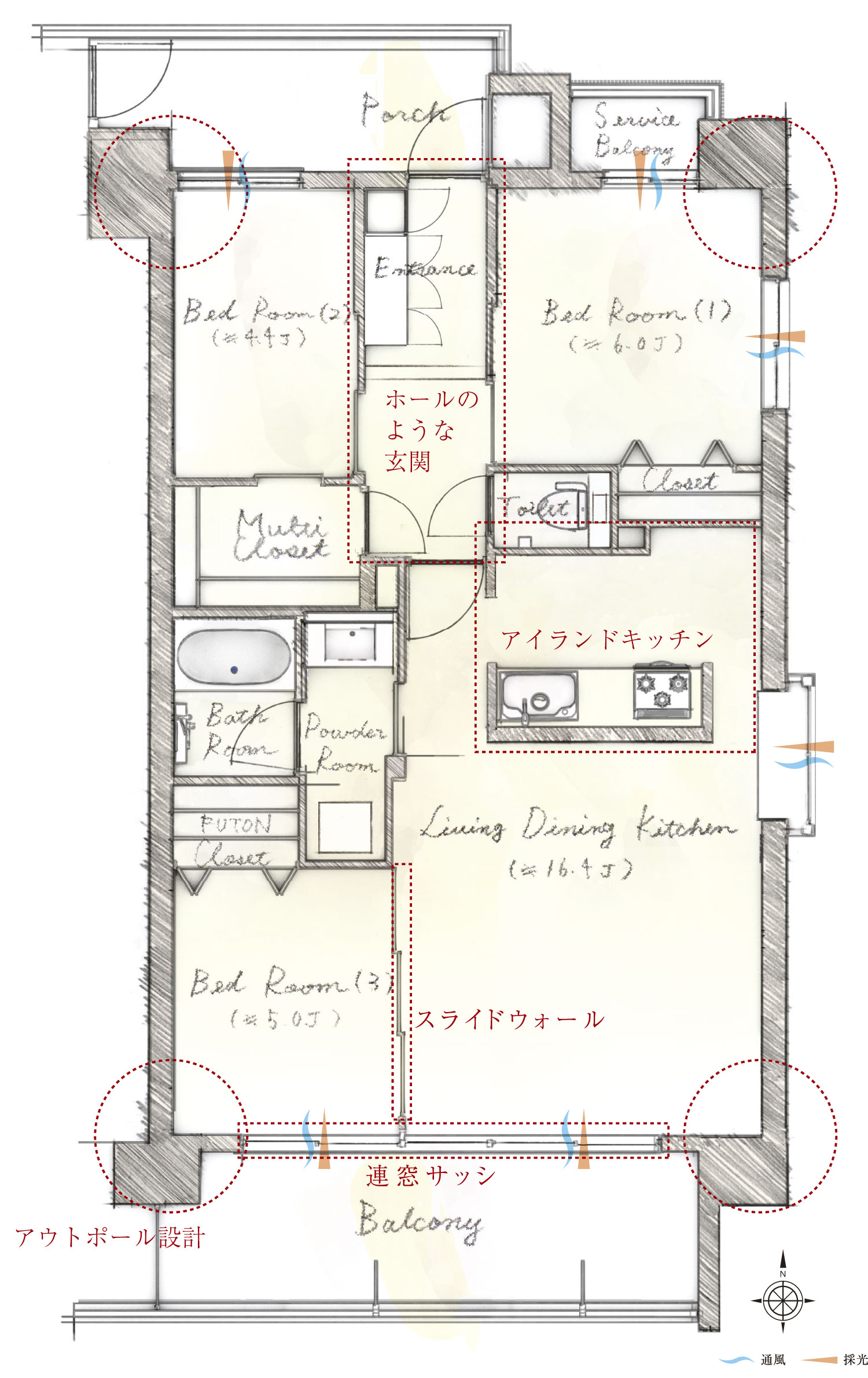 Interior. A type floor plan illustrations 3LDK + MC occupied area 70.35 sq m  Balcony area 10.78 sq m porch area 6.7 sq m  Service balcony area 1.46 sq m
