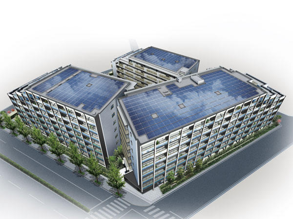Features of the building.  [The total amount of power purchase possible solar power Mansion] The roof of the apartment, Installing a 470 sheets of solar panels. The apartment is solar power plant. Since the electric power sales of the electric power generated in all electric power company in response to the feed-in tariffs, Friendly apartment in the household and the environment. (Exterior CG)