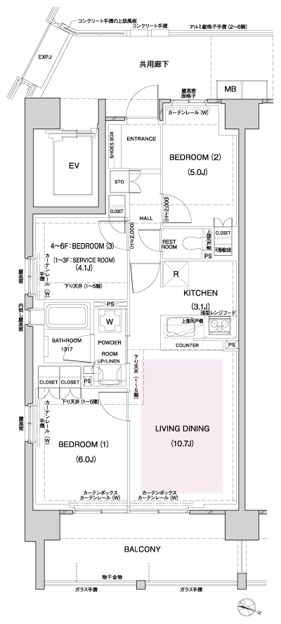 Floor: 2LDK + S (2F ・ 3F), 3LDK (4F~6F), the occupied area: 62.83 sq m