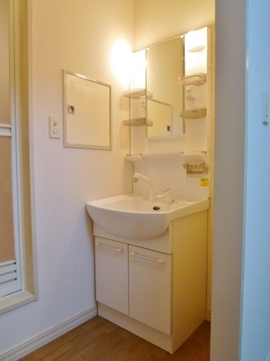 Washroom.  [Brand new] It is the washstand of the shower dresser type.