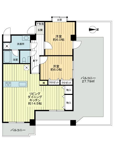 Floor plan. 2LDK, Price 34,800,000 yen, Occupied area 69.43 sq m , Balcony area 4.7 sq m