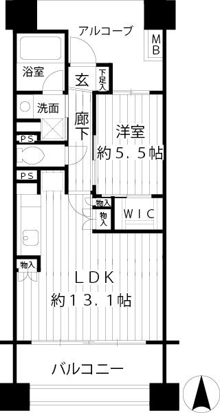 Floor plan. 1LDK, Price 43,800,000 yen, Occupied area 46.43 sq m , Balcony area 10.2 sq m south-facing, With walk-in closet