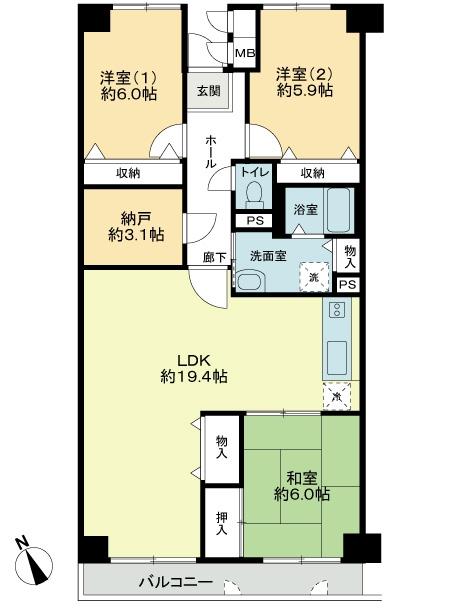 Floor plan. 3LDK + S (storeroom), Price 35,800,000 yen, Occupied area 88.26 sq m , Balcony area 6.1 sq m