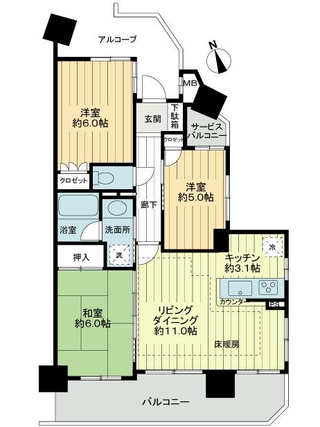 Floor plan. 3LDK, Price 44,800,000 yen, Occupied area 65.37 sq m , Balcony area 12.67 sq m